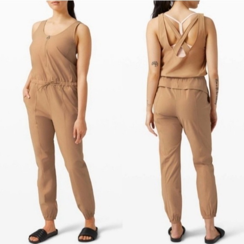 Lululemon Jumpsuit Shift in Time Criss-Cross Back Elastic Waist Beech Wood 8